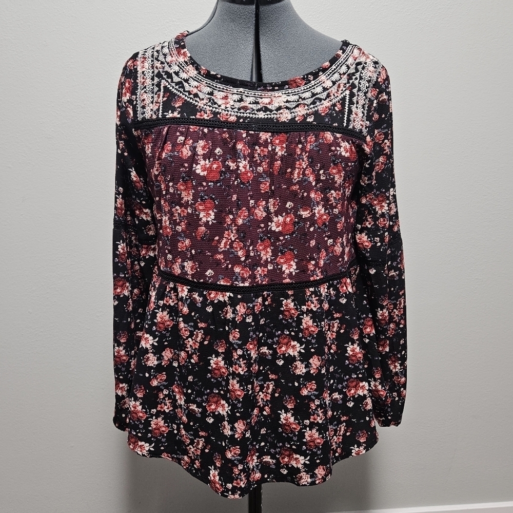 Knox Rose Floral Embroidered Tiered Relaxed Fit Peasant Top Blouse Womens Small - Picture 4 of 12